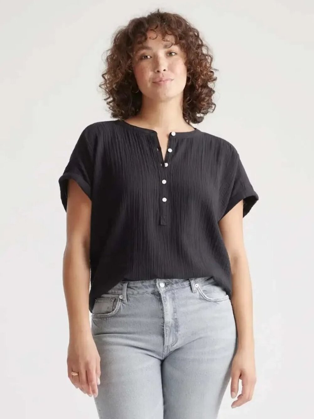 Quince 100% Organic Cotton Gauze Roll Sleeve Shirt Beach Vacation in Black M